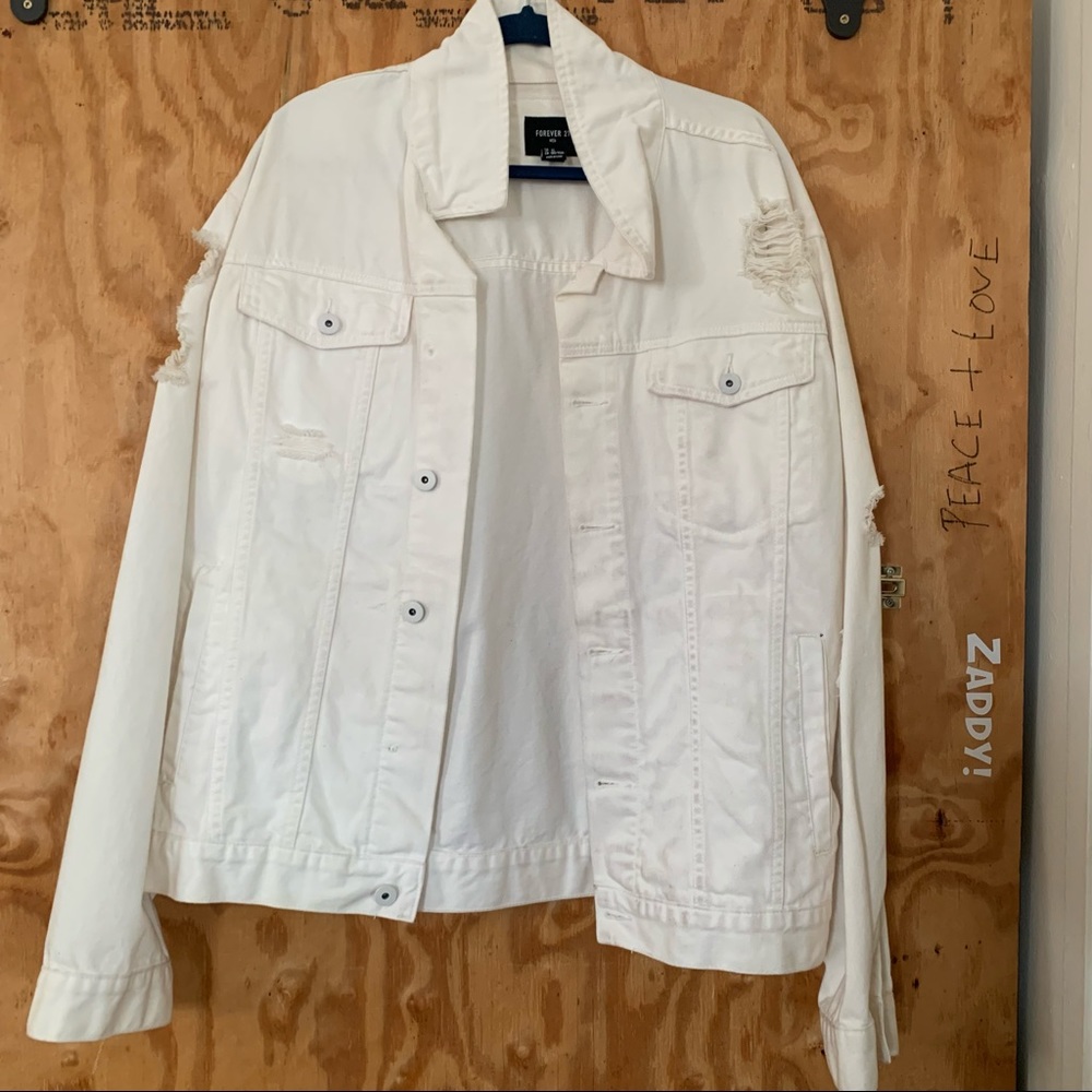XL oversized white distressed denim jacket